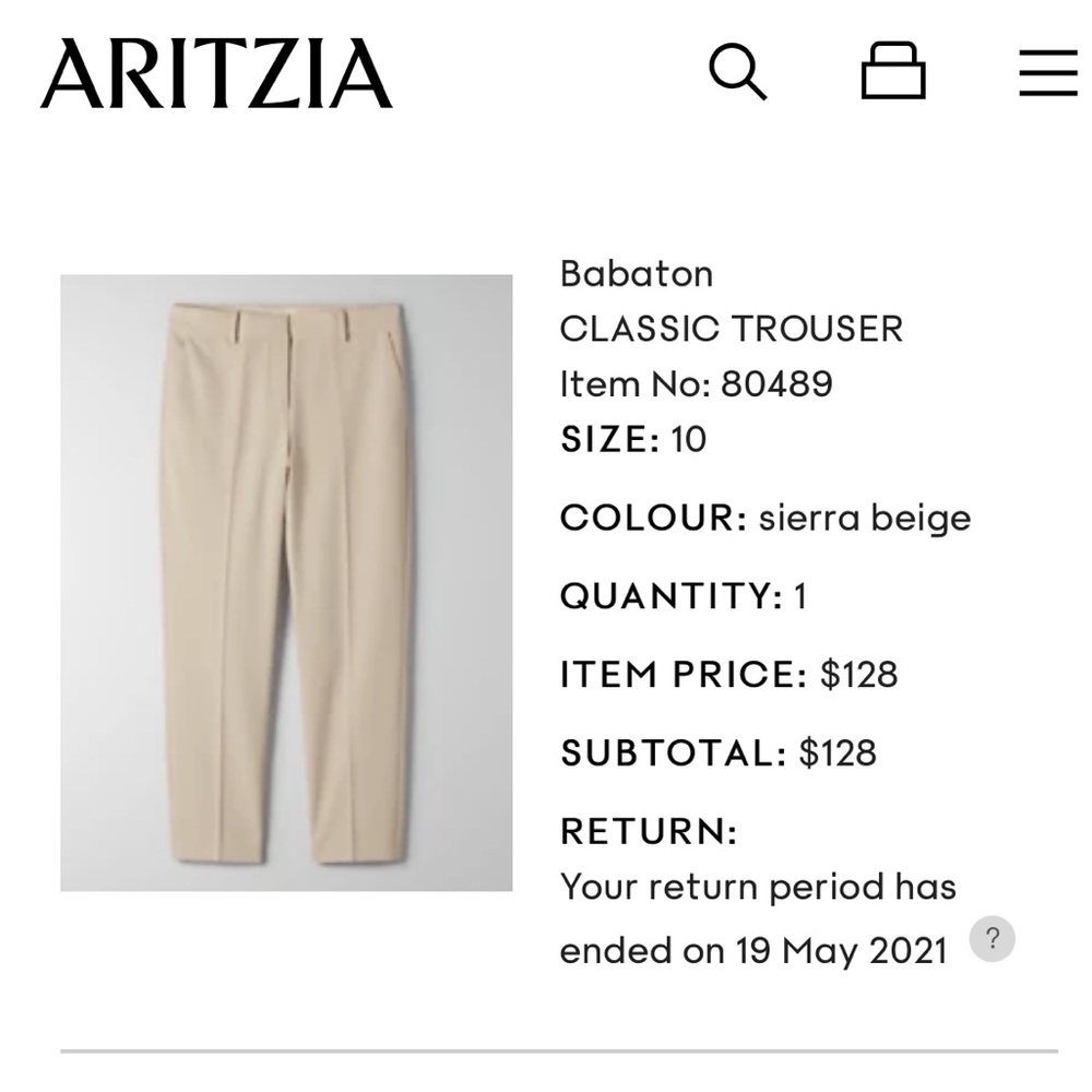 Aritzia Babaton Classic Trouser - Size 10 Sierra Beige
